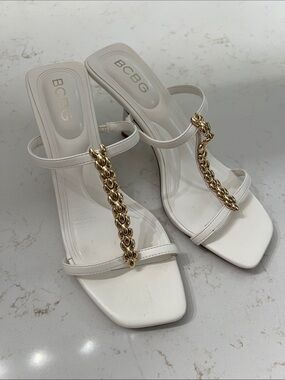 New BCBG Cream Strappy Heels with Gold Chain Detail